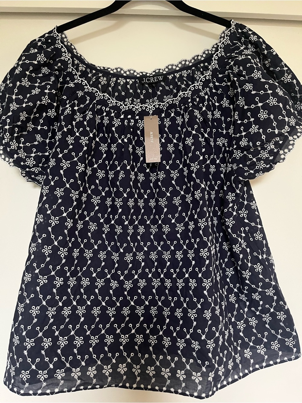 J. Crew Navy Top with White Eyelet Scallop Trim